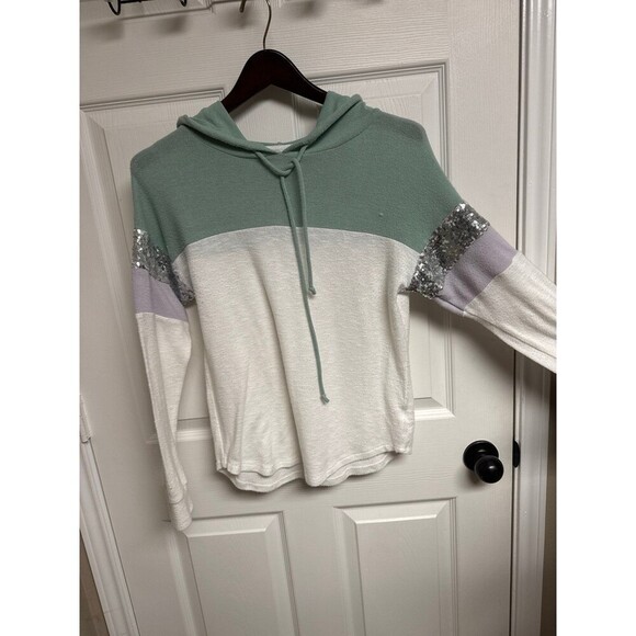 Small Sage Green and Purple Sequin Color Block Drawstring Hoodie - Picture 1 of 3